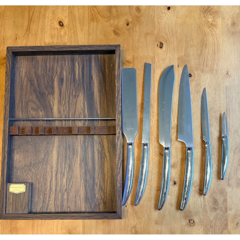 Saladmaster Cutlery 6 Piece Knife Set with Wood Storage Tray Vintage USA Made